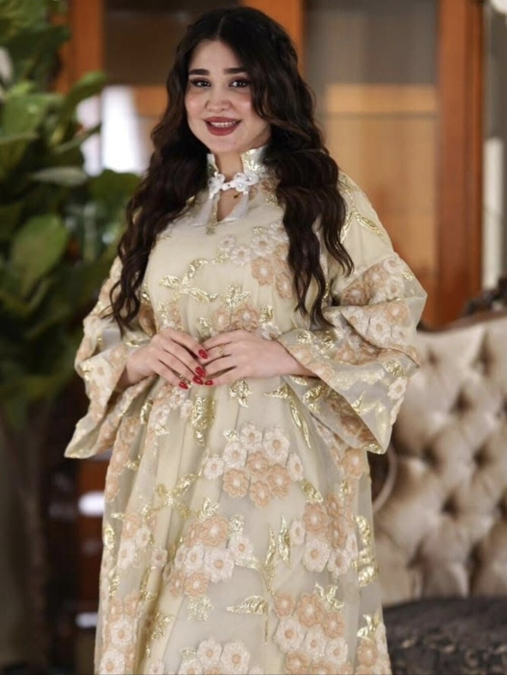 Beige Floral Maxi Dress with Gold Accents